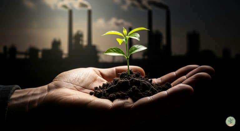 Une main tient un jeune arbre verdoyant qui pousse dans de la terre. En arrière-plan, de manière floue mais reconnaissable, se trouve une usine industrielle avec des cheminées.