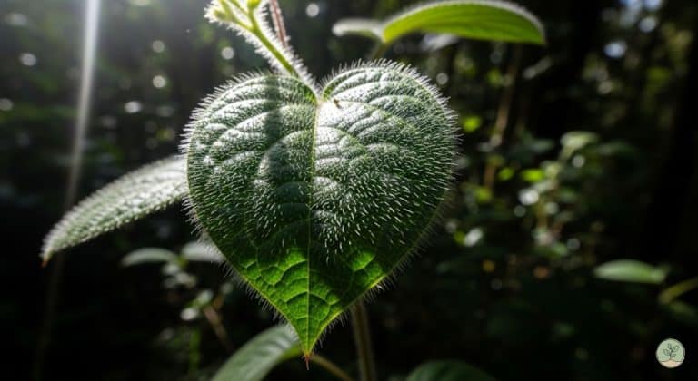 Une feuille de Gympie Gympie (Dendrocnide moroides) dans une forêt tropicale australienne.