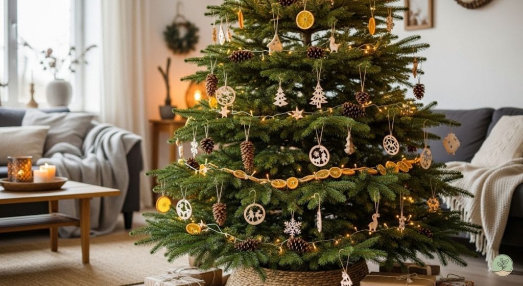 Un magnifique sapin de Noël naturel (type Nordmann) décoré avec goût. Les décorations sont écologiques et faites main.