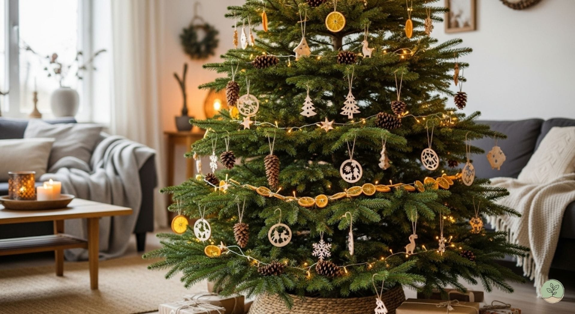 Un magnifique sapin de Noël naturel (type Nordmann) décoré avec goût. Les décorations sont écologiques et faites main.