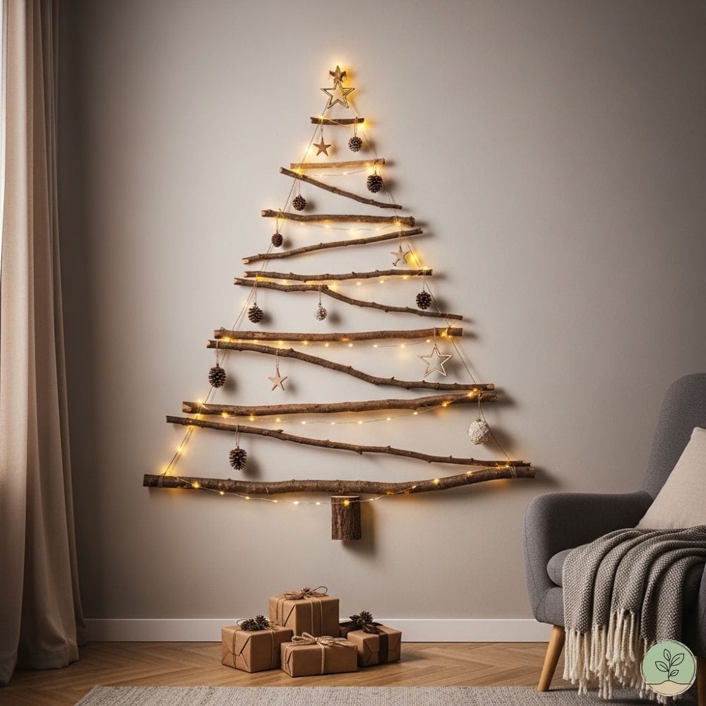 Un sapin mural créatif fait de branches de bois et de guirlandes lumineuses LED.