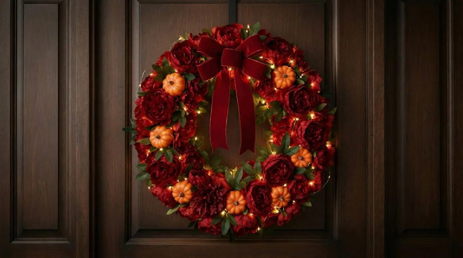 Couronne d'automne rouge pivoines et citrouilles avec nœud velours et lumières sur porte en bois sombre
