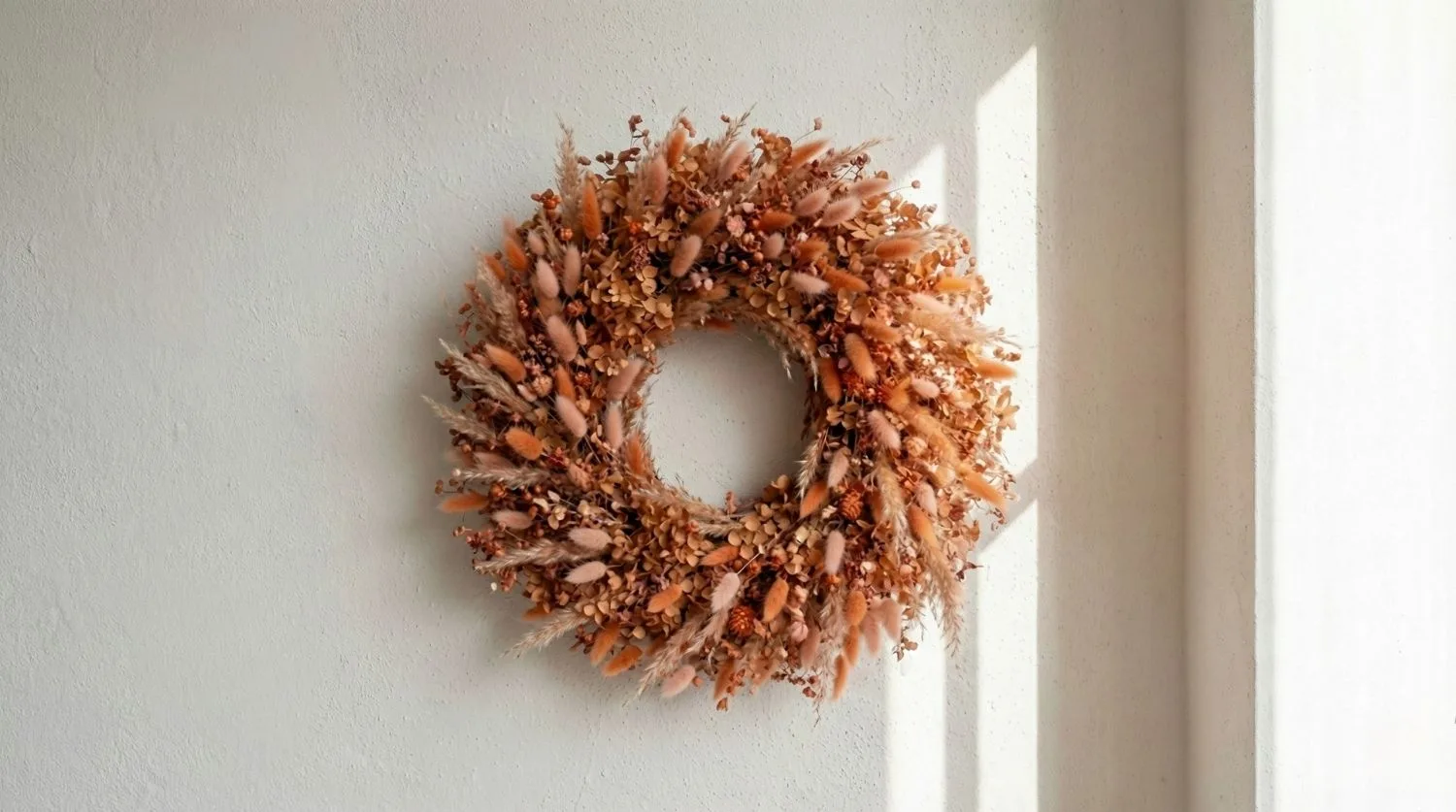 Couronne de fleurs séchées aux tons orange et terracotta sur un mur blanc