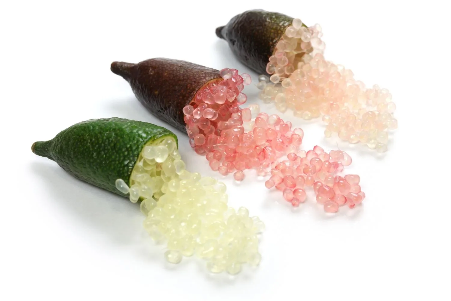 variétés de citrons caviar Rain Forest Pearl, Pink Ice et Red Crystal
