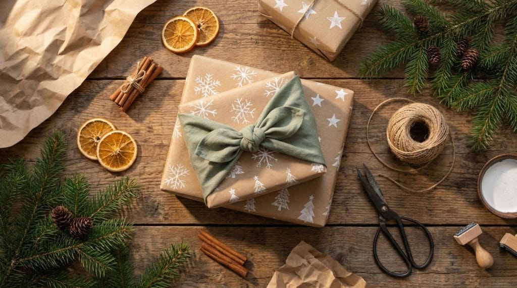 Assortiment d'emballages cadeaux originaux et écologiques avec papier kraft, furoshiki et oranges séchées sur table en bois