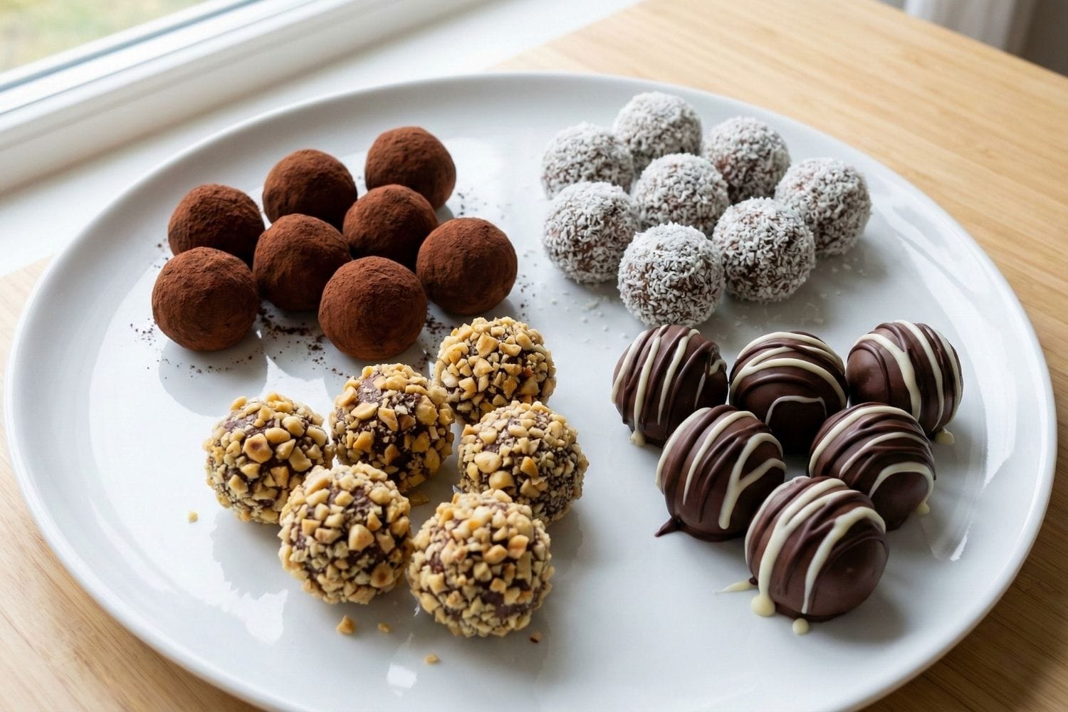 Assortiment de truffes au chocolat avec différents enrobages : cacao, noix de coco, noisettes