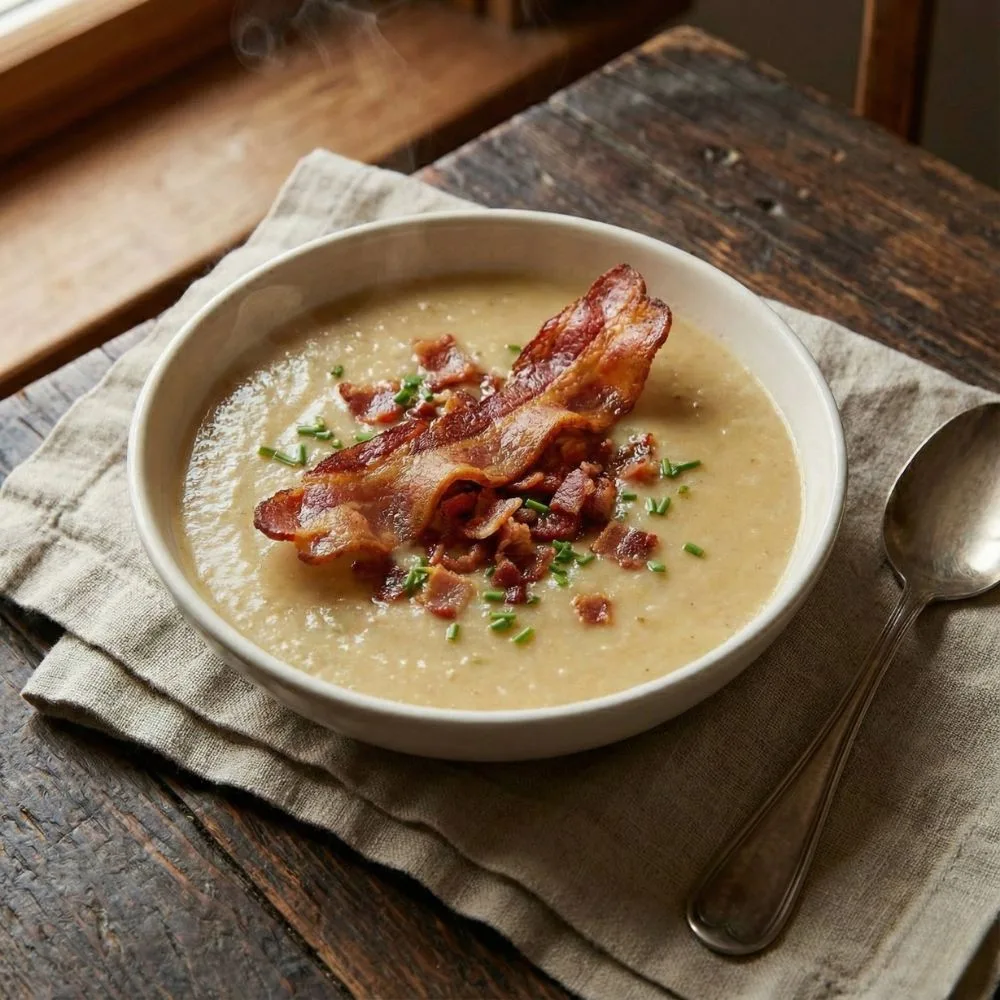 Bol de soupe de topinambours avec chips de lard fumé croustillantes et ciboulette