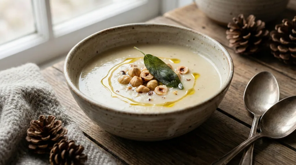 Bol de velouté de topinambours crémeux avec noisettes et huile de truffe sur une table en bois