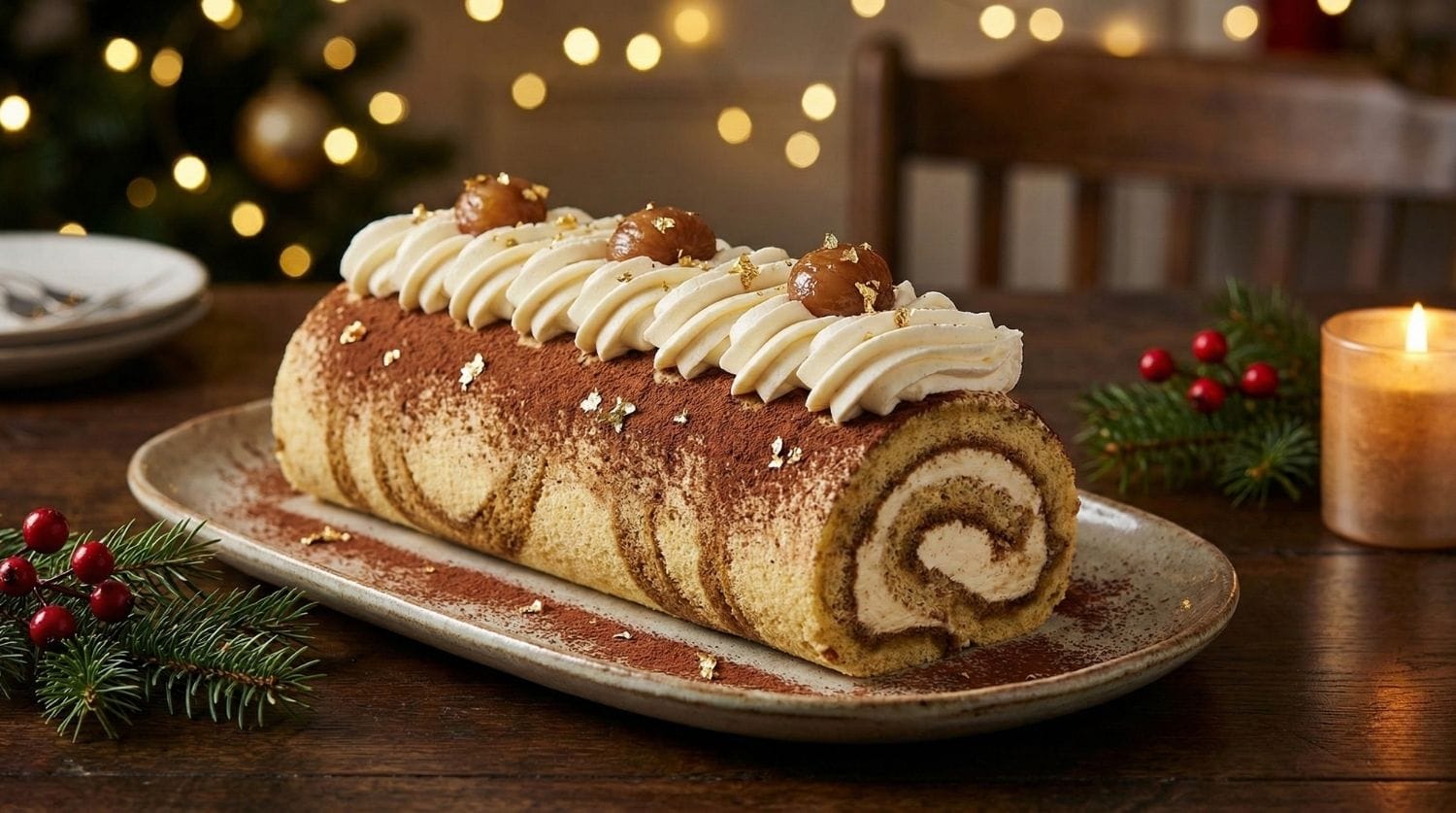 Bûche de Noël façon tiramisu roulée avec décoration pochée Saint-Honoré et marrons