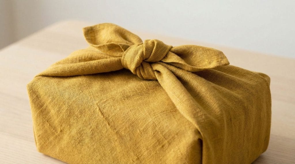 Cadeau emballé en tissu technique furoshiki avec nœud mamusubi élégant en lin beige