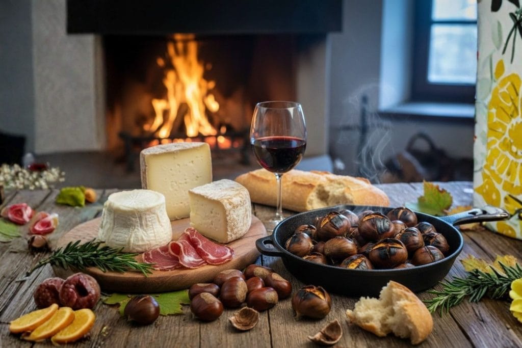 châtaignes grillées avec un plateau de fromages d'alpage
