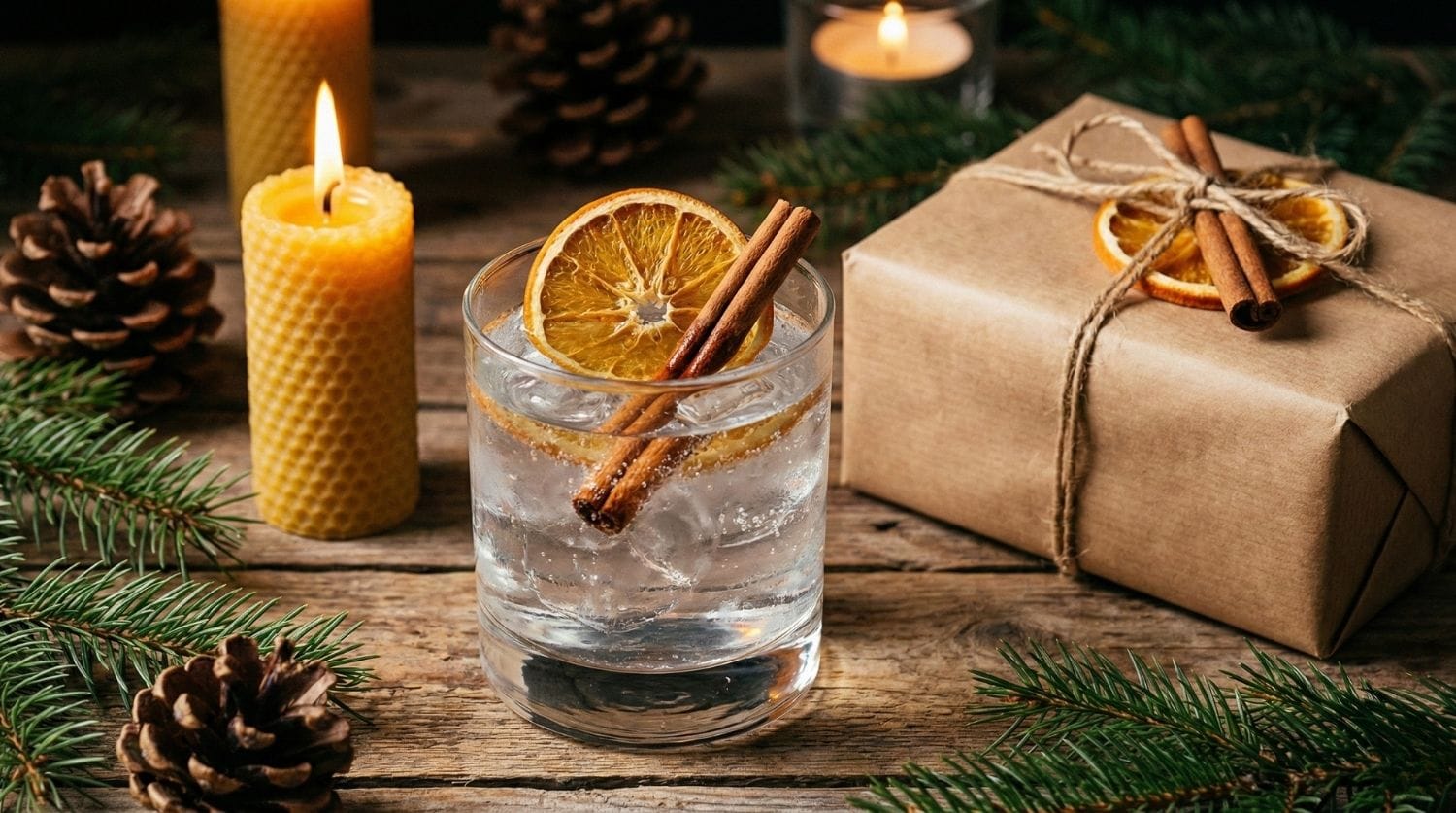 Cocktail Gin Tonic garni d'une tranche d'orange séchée et paquet cadeau décoré naturellement