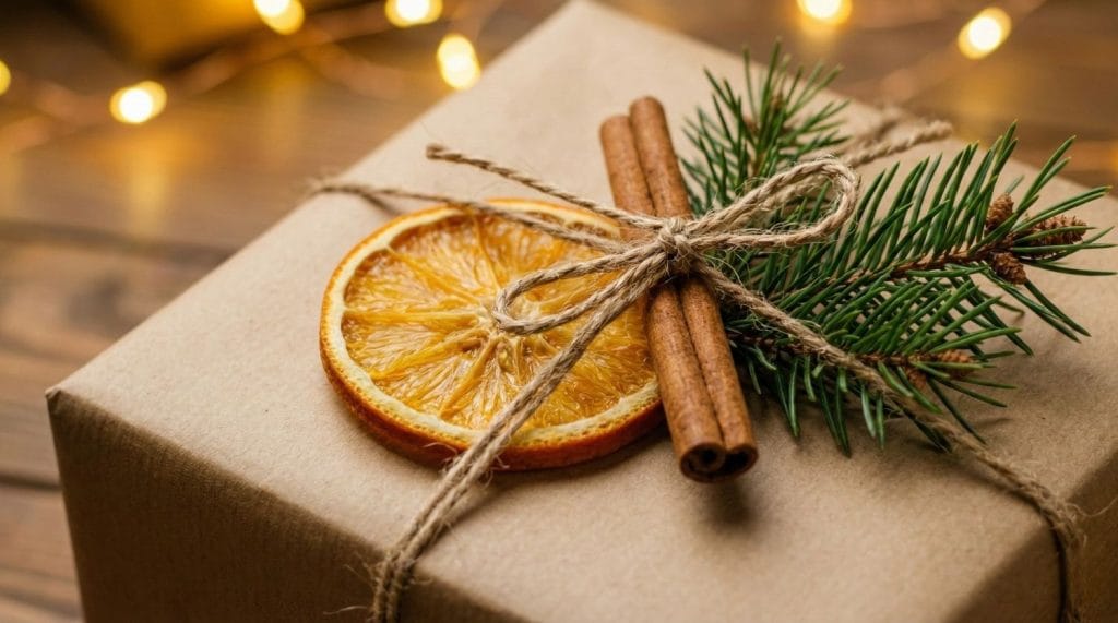 Emballage cadeau nature avec papier kraft, tranches d'oranges séchées, bâton de cannelle et branche de sapin