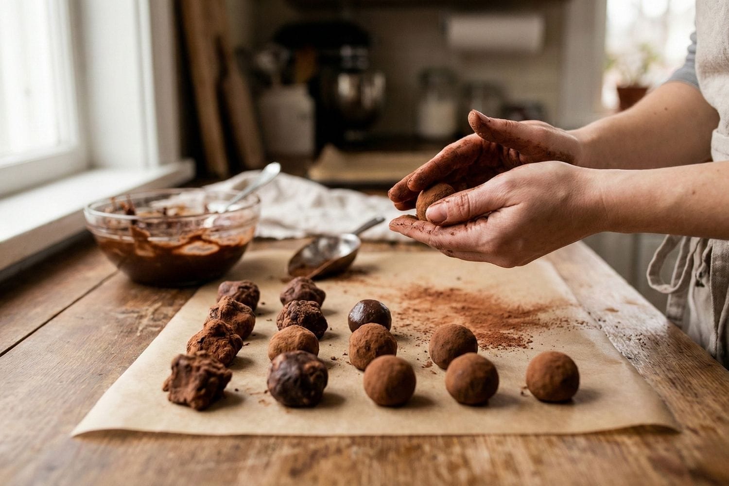 Façonnage de boules de truffes au chocolat à la main