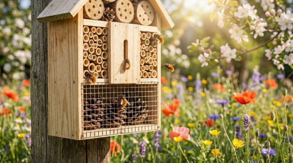 Grand hôtel à insectes en bois installé dans un jardin fleuri au printemps avec des abeilles solitaires qui volent autour