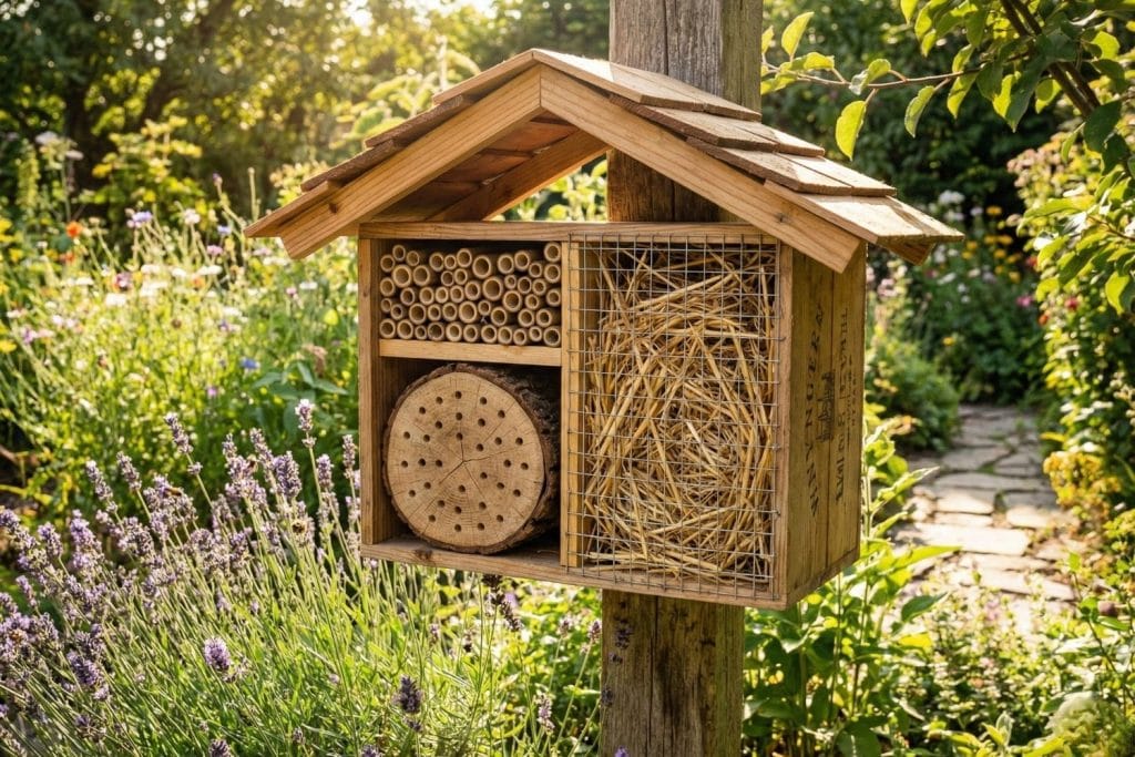 Hôtel à insectes terminé dans un jardin fleuri