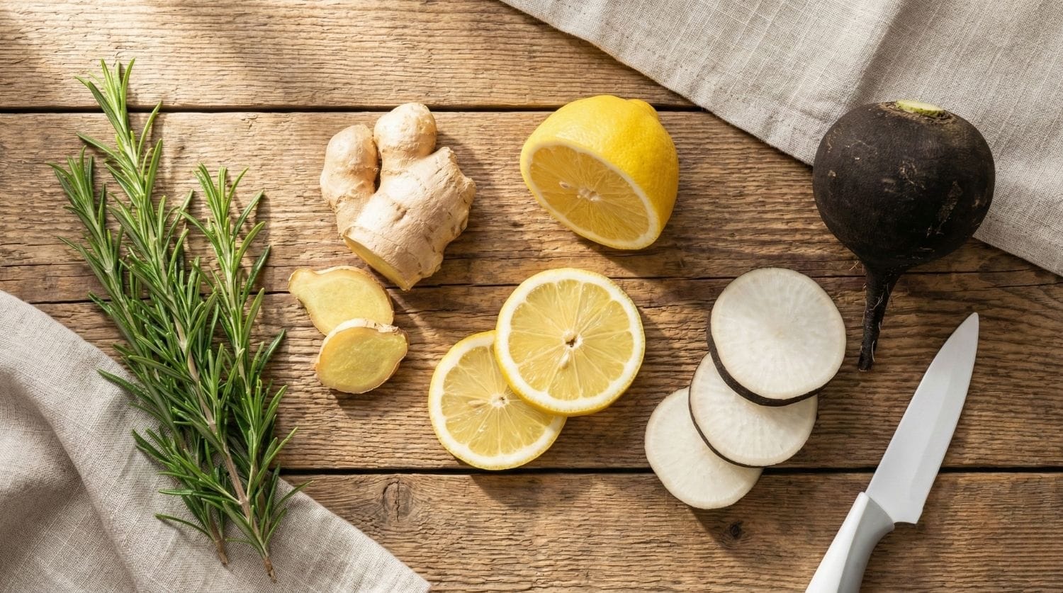 préparation pour tisane romarin frais gingembre citron et radis noir