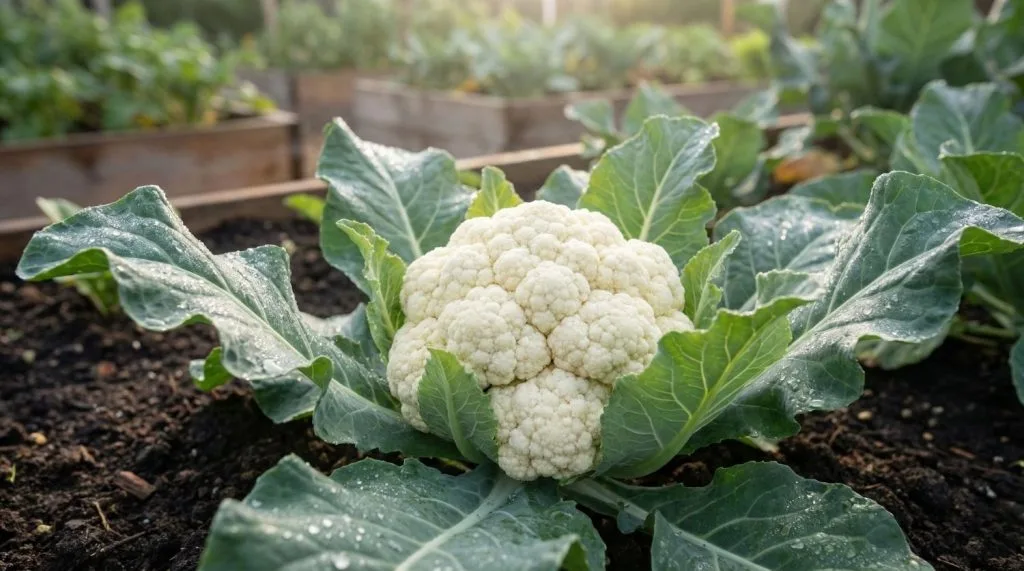 Magnifique chou-fleur blanc dans un potager au soleil levant prêt à être récolté
