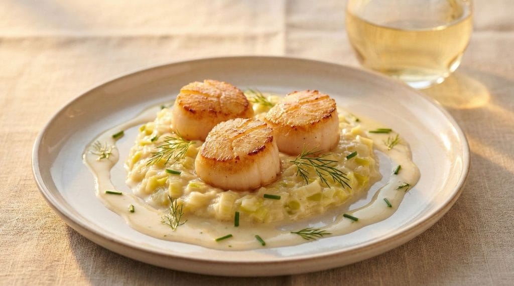 Noix de Saint-Jacques poêlées servies sur un lit de fondue de poireaux au vin blanc