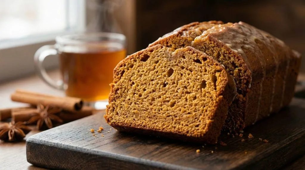 Pain d'épices moelleux tranché sur une table en bois avec miel et épices