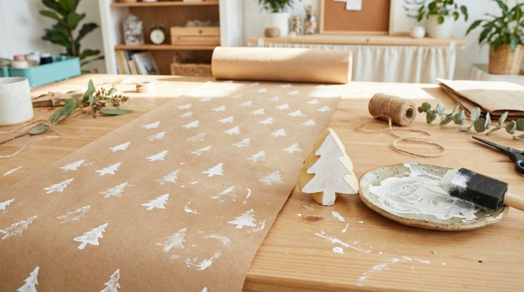 Papier kraft brun décoré avec des motifs de sapins blancs faits au tampon pomme de terre