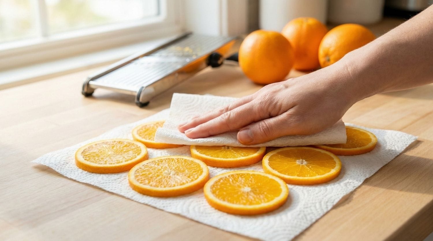 Préparation des oranges séchées : séchage des tranches fines au papier absorbant avant cuisson