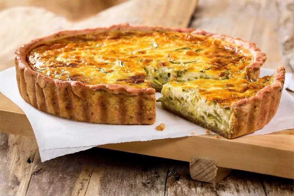 quiche aux poireaux crémeuse avec pâte brisée dorée servie sur table en bois