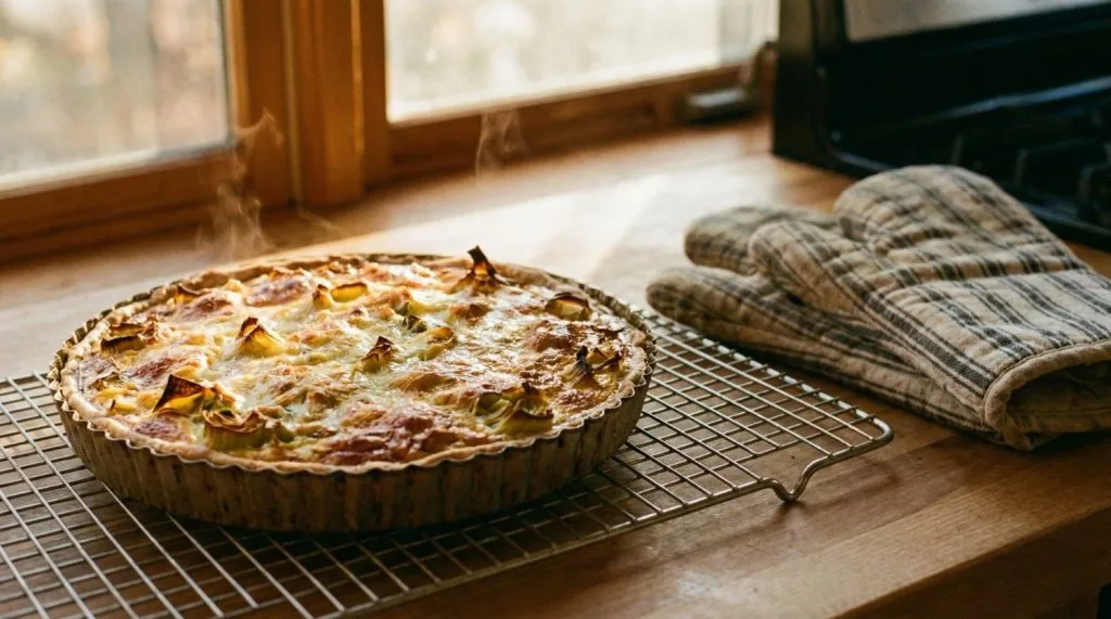 Quiche aux poireaux gratinée sortant du four dans son moule à tarte