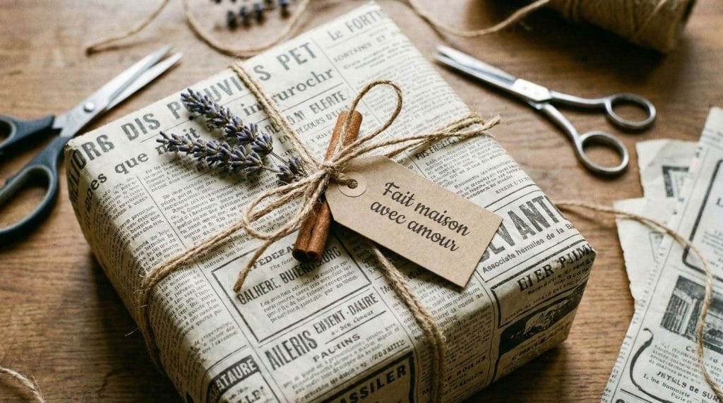 Sac cadeau fabriqué avec du papier journal recyclé, ruban rouge et étiquette vintage