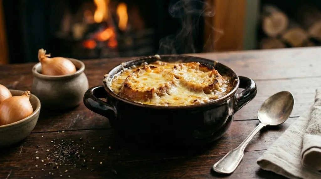 Soupe à l'oignon gratinée maison servie dans un bol tête de lion avec fromage fondu doré et pain grillé