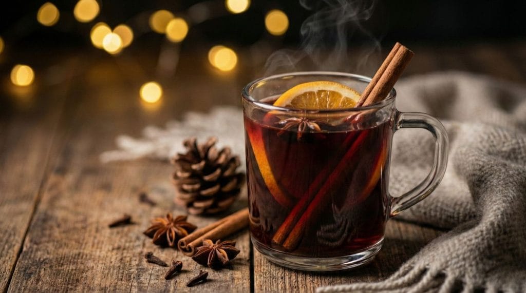 Tasse de vin chaud maison fumant avec décoration cannelle et orange sur table en bois