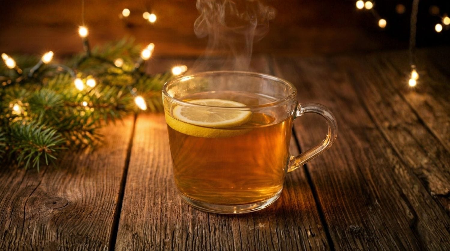 Tisane détox chaude dans une tasse en verre, ambiance hivernale et cocooning