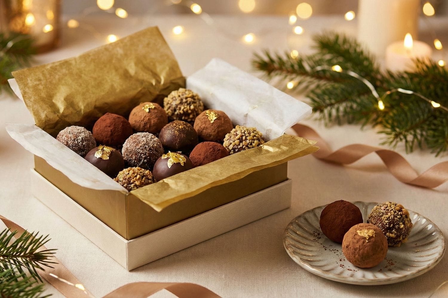 Truffes au chocolat maison présentées dans une boîte cadeau élégante