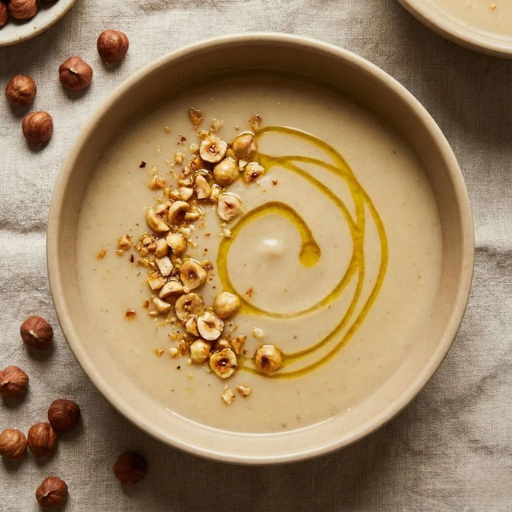 Velouté de topinambours aux noisettes torréfiées et filet d'huile de noisette