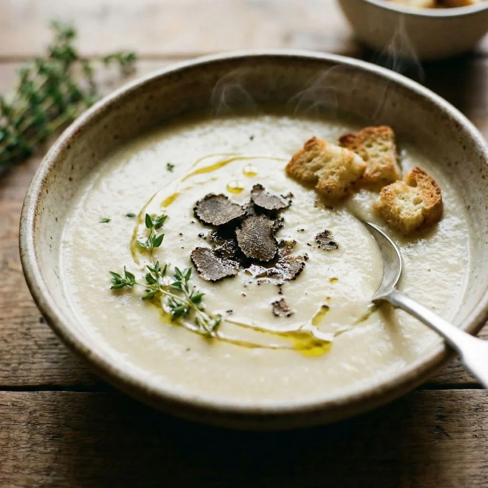Velouté de topinambours gastronomique garni de lamelles de truffe noire et huile de truffe