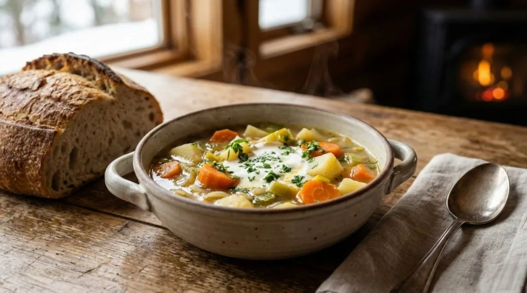 Bol de soupe aux légumes à l'ancienne fumant sur une table en bois avec crème et persil