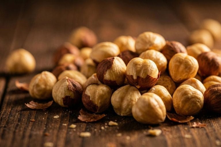 Gros plan sur des noisettes torréfiées dorées et croquantes sur une table en bois