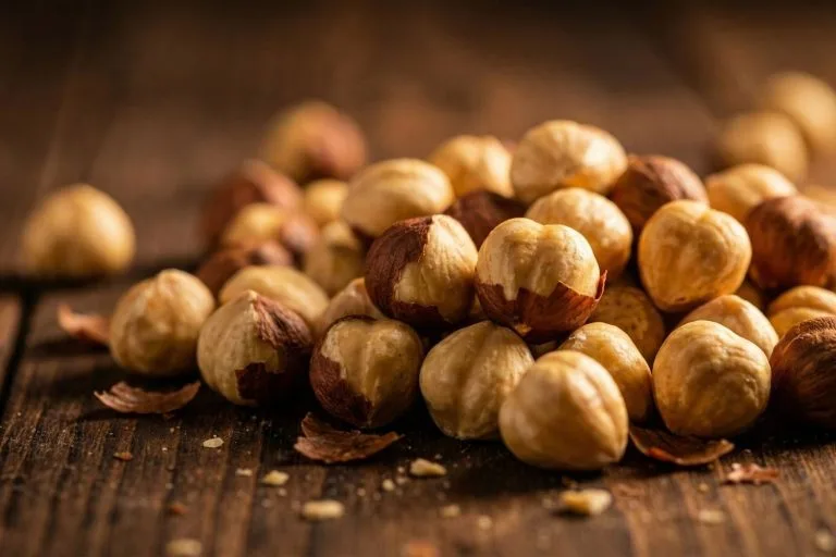 Gros plan sur des noisettes torréfiées dorées et croquantes sur une table en bois