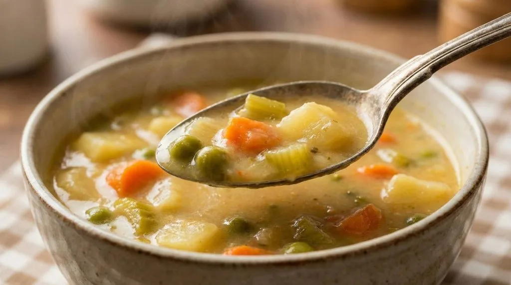 Gros plan sur une cuillère de soupe montrant la texture mi-mixée avec morceaux de légumes fondants
