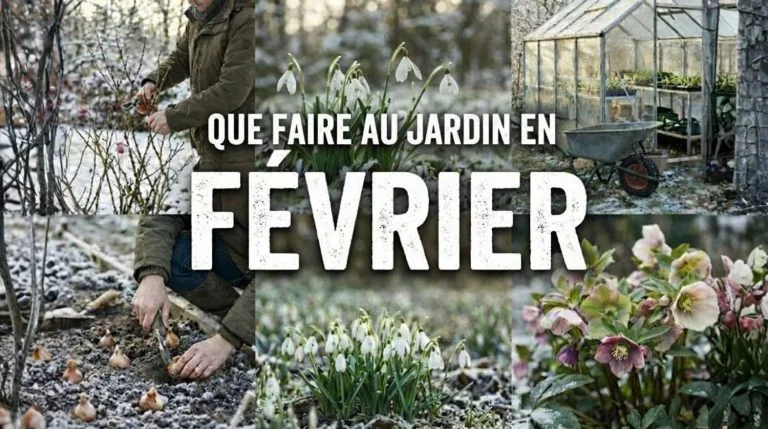 Jardin potager en février avec givre et perce-neige au premier plan