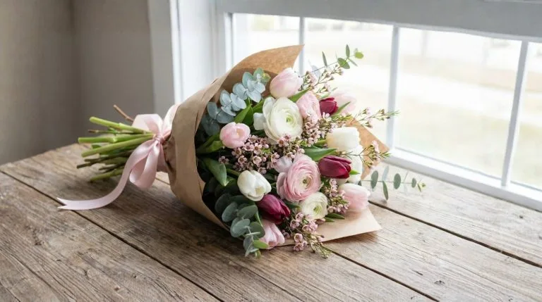Joli bouquet romantique de tulipes et renoncules