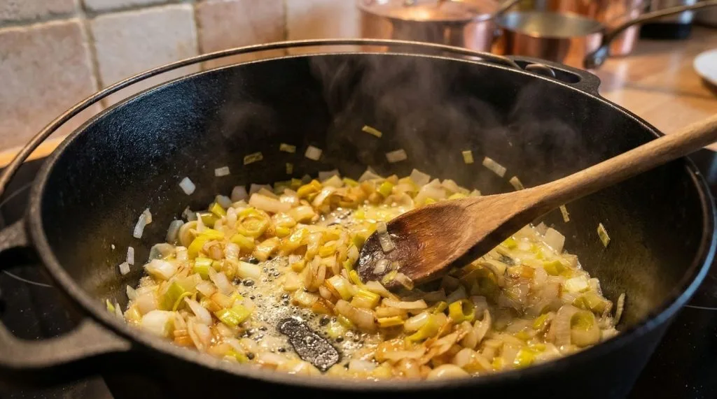 Légumes émincés poireaux et oignons qui suent dans du beurre dans une cocotte en fonte