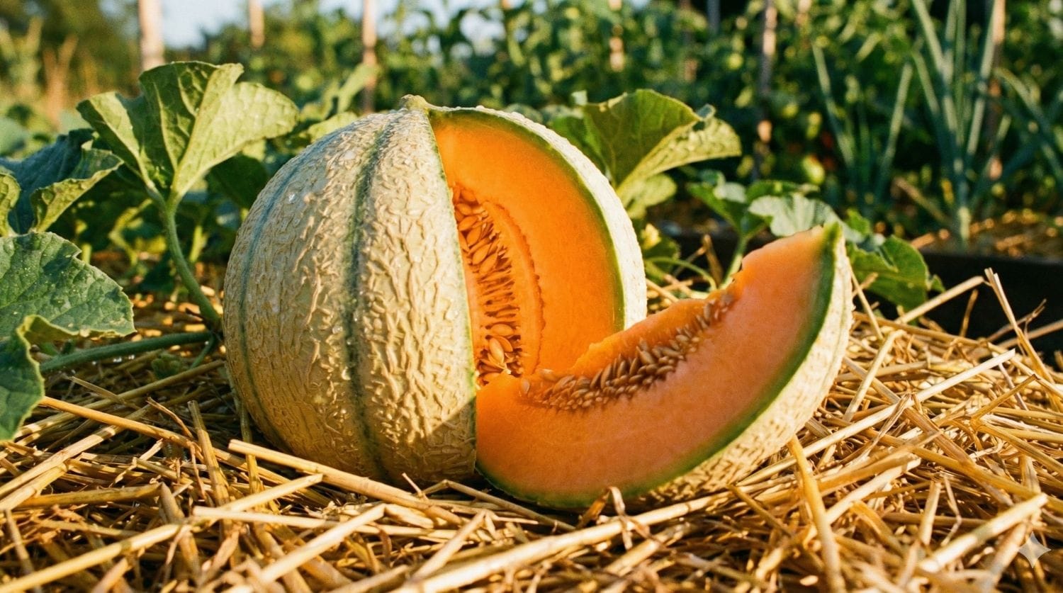 Melon Charentais mûr au potager sur lit de paille