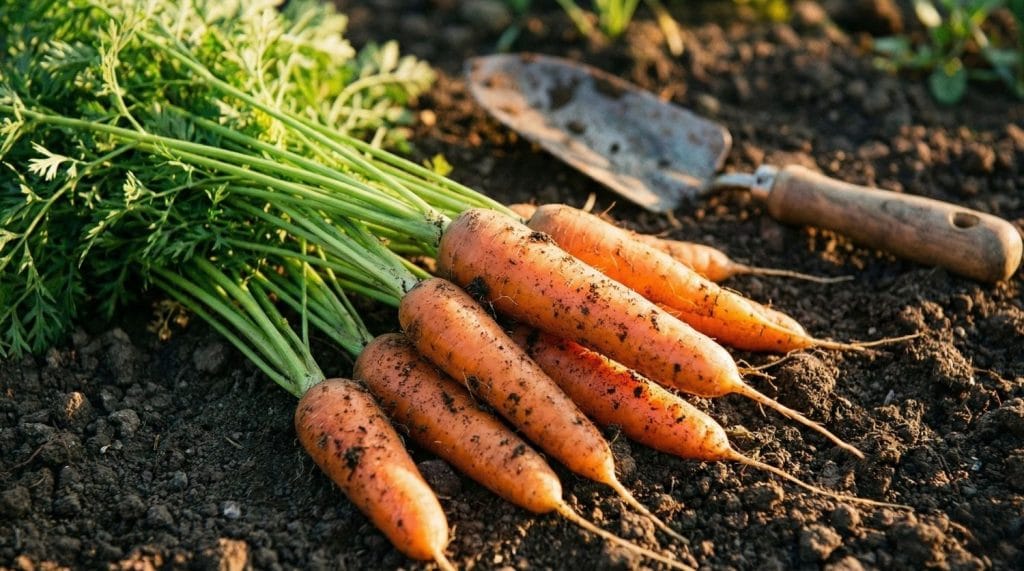 Panier de carottes fraîches avec fanes récoltées au potager