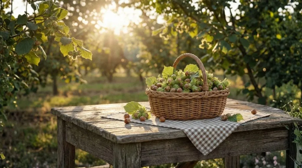 Panier de noisettes fraîches récoltées dans un verger de noisetiers en automne