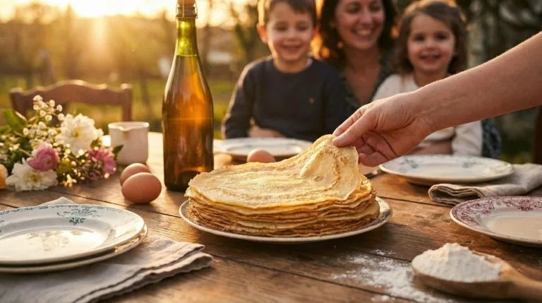 Pile de crêpes dorées pour la Chandeleur 2026 sur une table en bois avec du cidre
