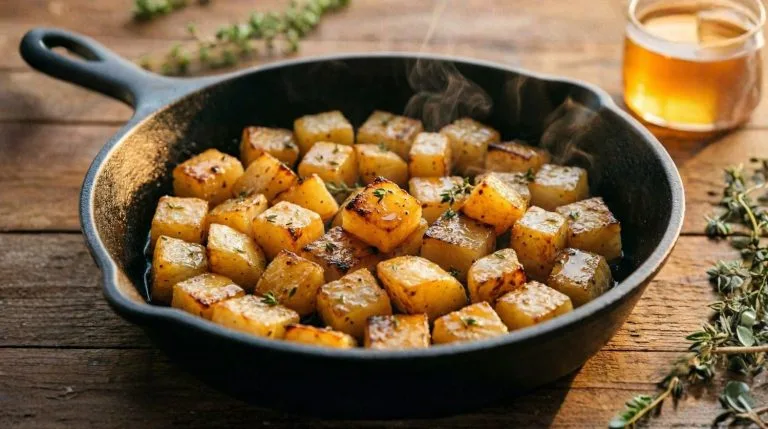 Poêlée de navets caramélisés au miel et beurre dans une assiette rustique