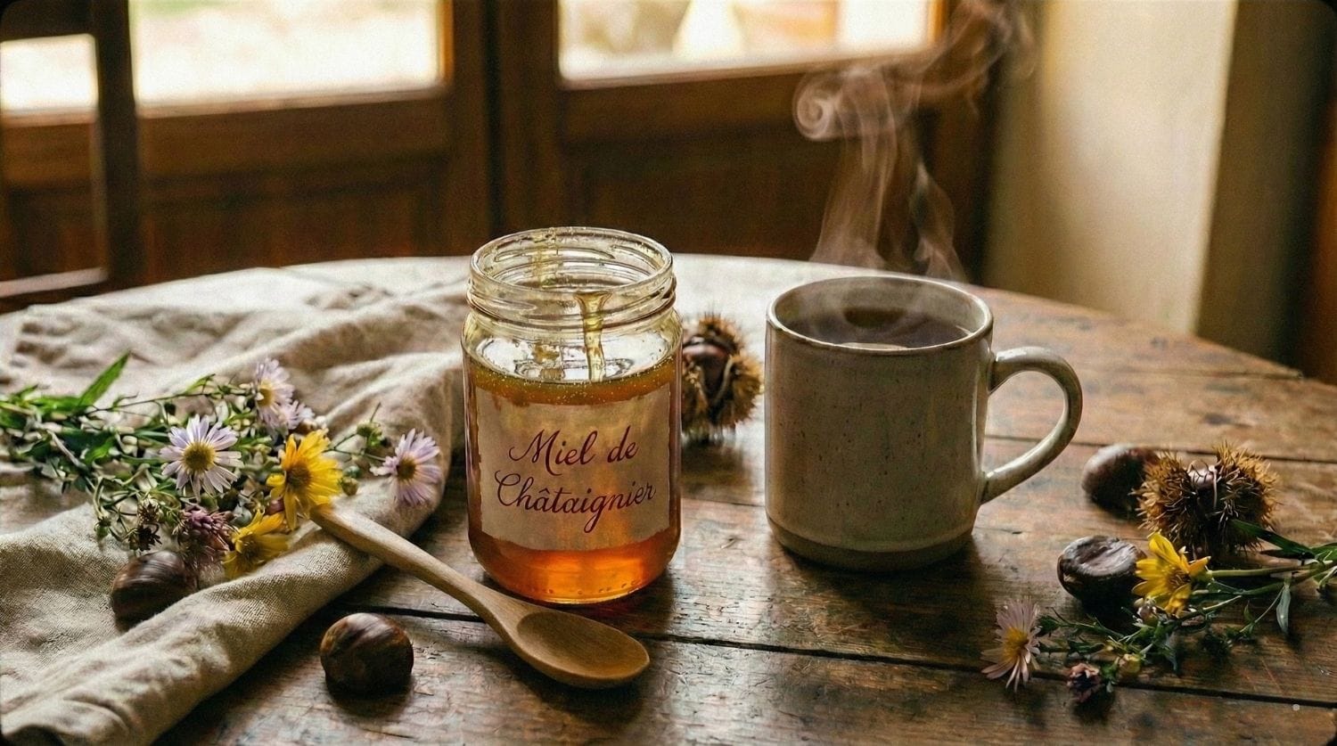 Pot de miel de châtaignier, tasse de thé fumante, châtaignes et fleurs sur une table en bois rustique près d'une fenêtre