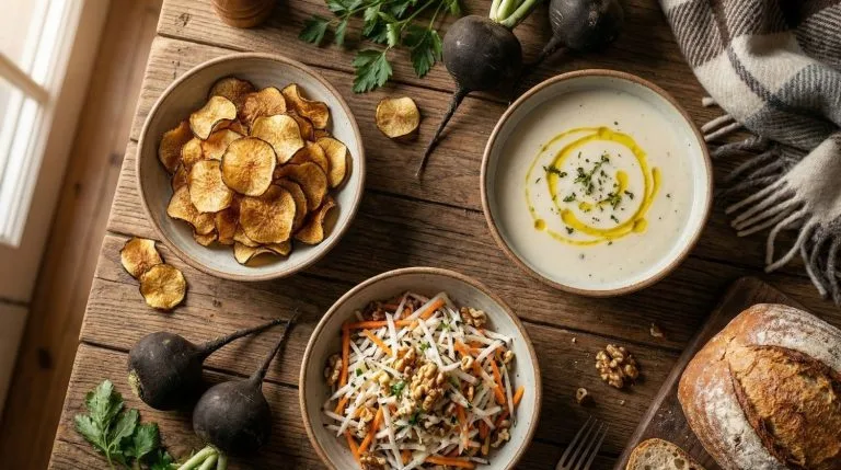 Recette radis noir variée : chips, velouté et salade sur une table rustique