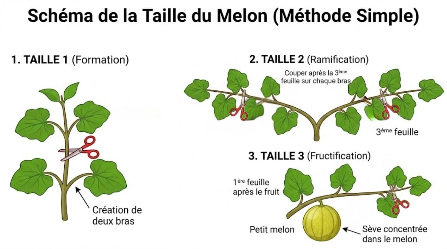 Schéma explicatif facile pour tailler les melons et avoir plus de fruits
